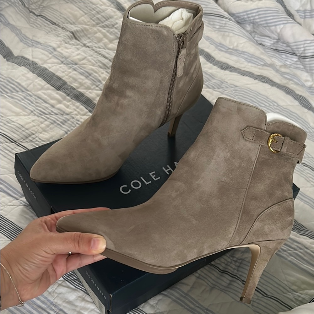 Cole Haan Women's Beige Taupe Suede Heeled Boots